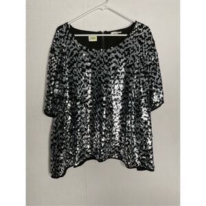 PLEIONE Top Womens Plus 2X Black Silver Sequins Short Sleeve Shirt Disco Glam‎